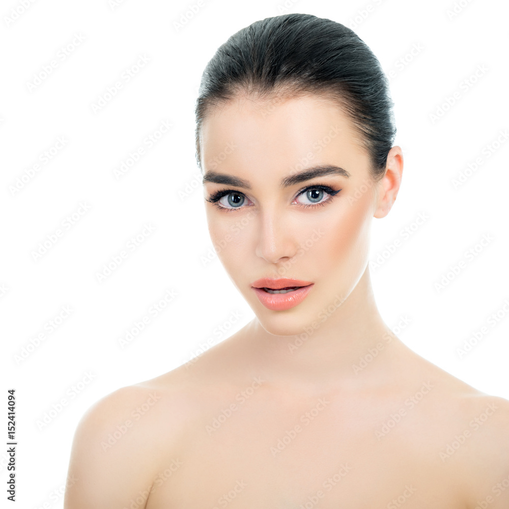 Beautiful Young Woman Over White Background. Beauty Female Portrait. Antiaging, Skincare, Beauty Treatment. Healthcare Concept. Beautiful Young Woman Over White Background. Beauty Female Portrait. Antiaging, Skincare, Beauty Treatment. Healthcare Concept.