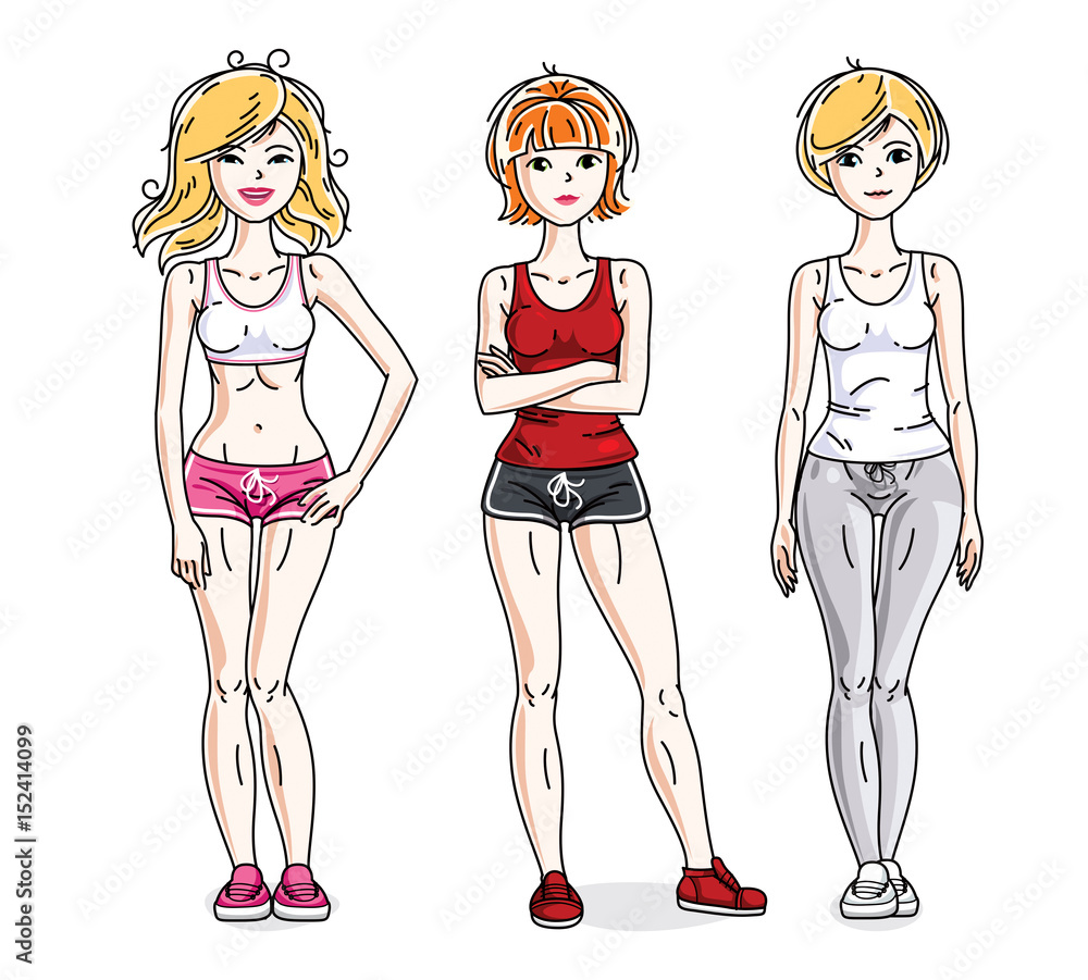 Happy pretty young women standing in stylish sportswear. Vector diversity people illustrations set. Lifestyle theme fem characters. Happy pretty young women standing in stylish sportswear. Vector diversity people illustrations set. Lifestyle theme fem characters.