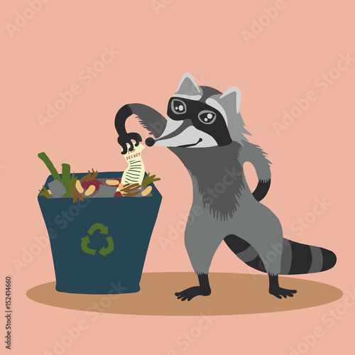 Raccoon with a trash bin