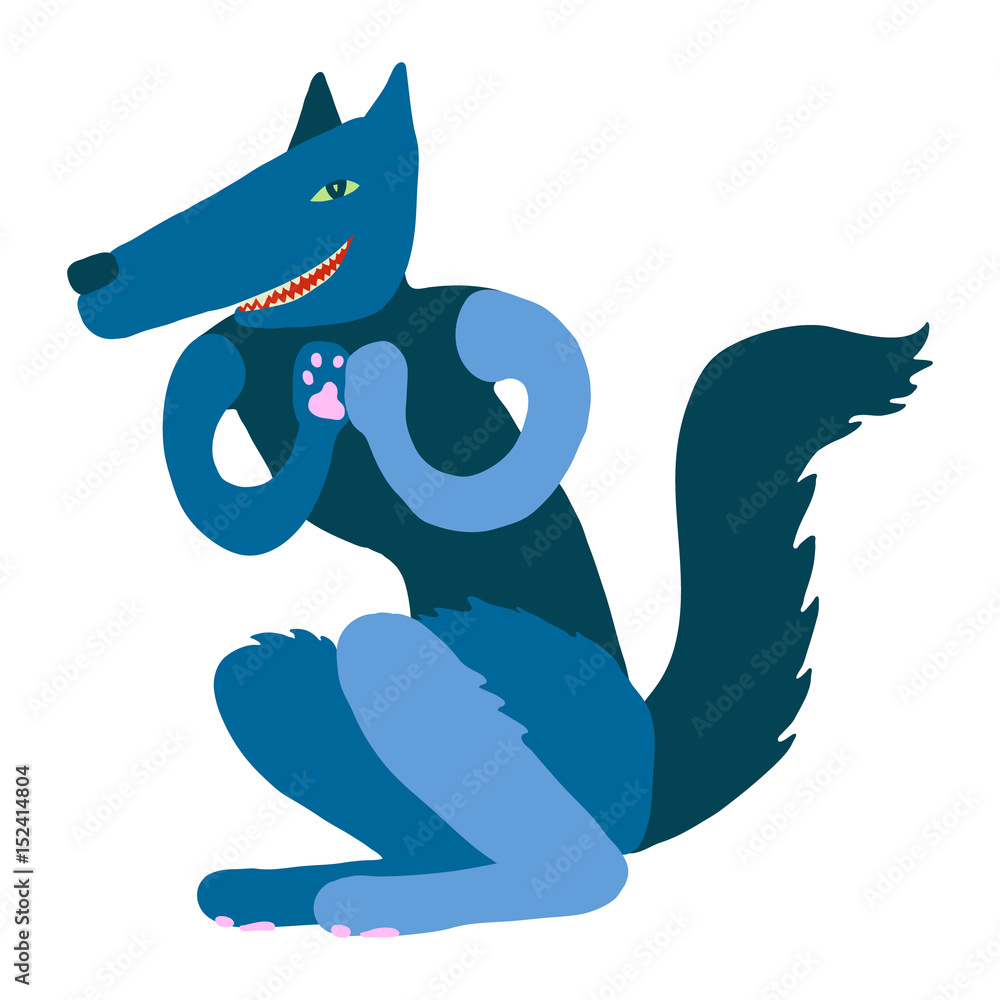 Fototapeta premium Colourful flat vector illustration of cute, playful, mischievous dark blue wolf sitting, grinning and rubbing his paws. Character concept, kids illustration. Evil, bad, negative character.