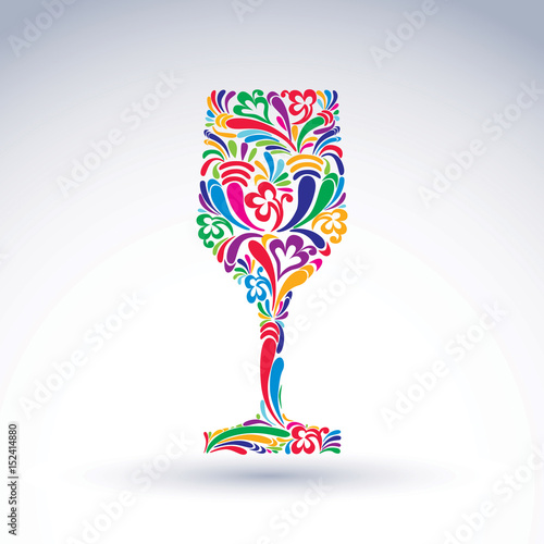 Fantasy decoration, art design goblet with bright flower-patterned filling. Alcohol idea vector illustration, creative glass of wine, vector graphic element.
