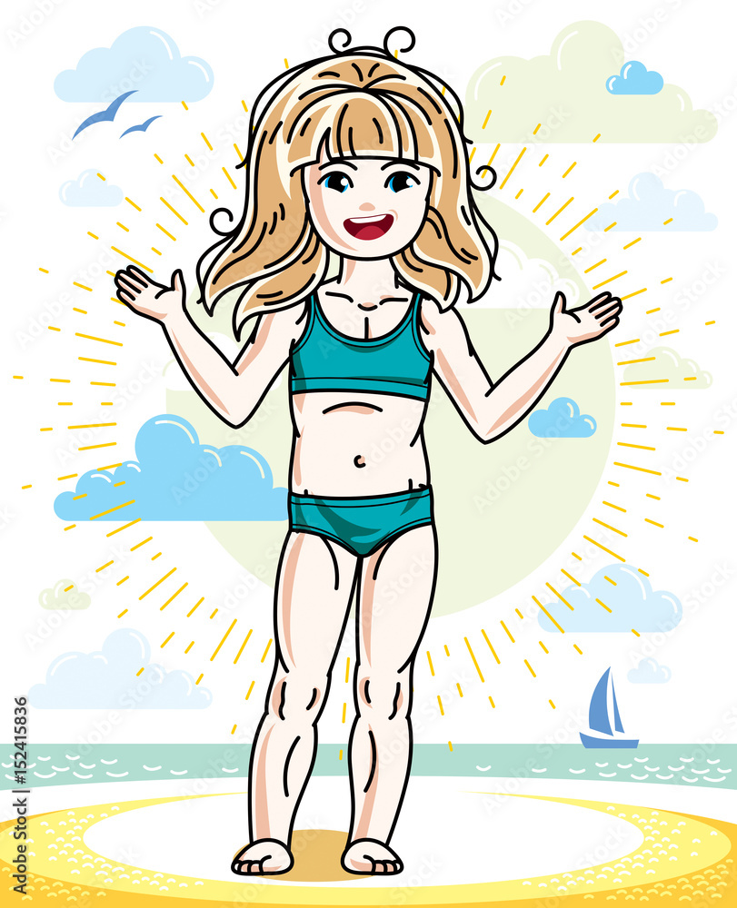 Little blonde girl cute kid standing on beach in bikini. Vector attractive kid illustration. Summer vacations theme.