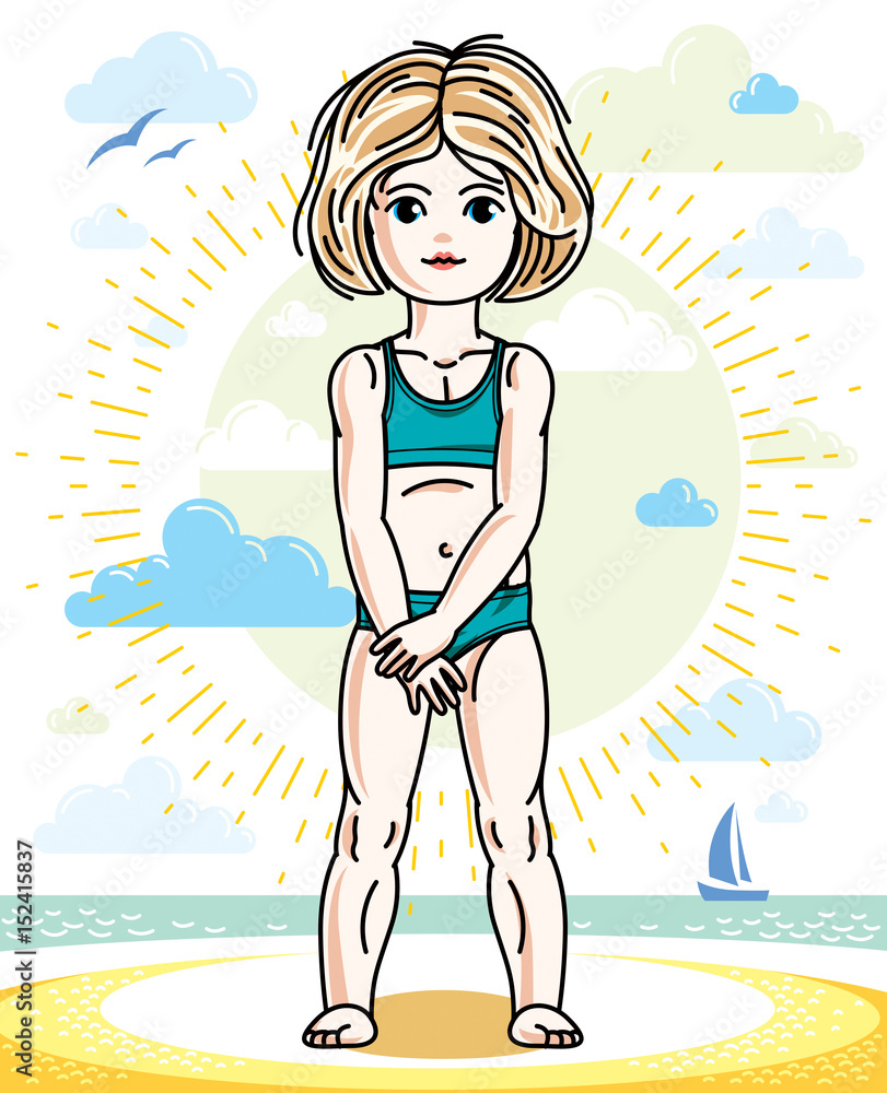 Little blonde girl cute kid standing on beach in bikini. Vector attractive kid illustration. Summer vacations theme.