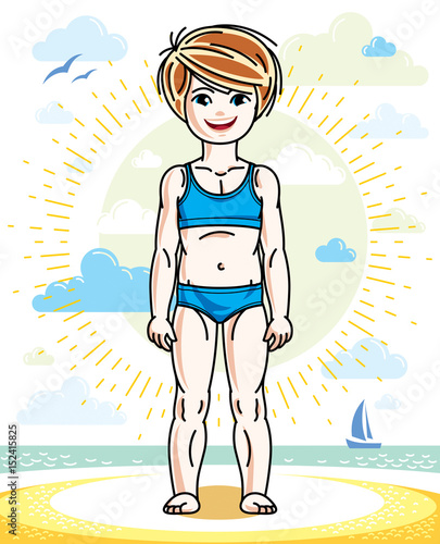 Happy little red-haired girl posing on sunny beach and wearing bright bathing suit. Vector character. © Sylverarts