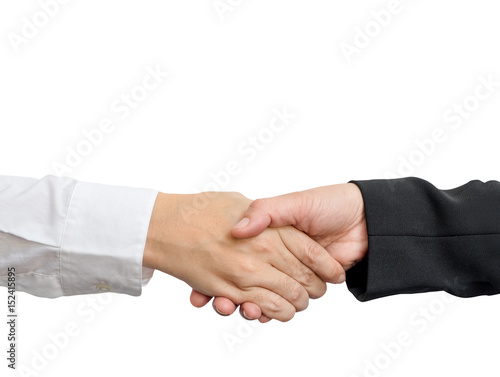 Close up asian businesswoman handshake isolated on white background.