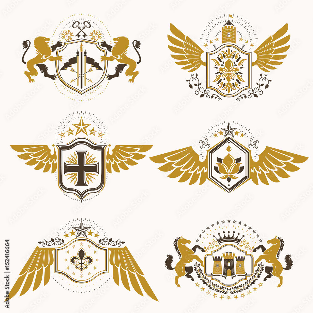 Obraz premium Vintage heraldry design templates, vector emblems created with bird wings, crowns, stars, armory and animal illustrations. Collection of vintage style symbols.