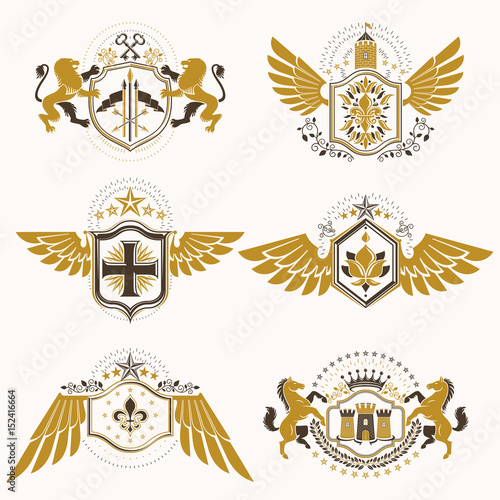 Vintage heraldry design templates, vector emblems created with bird wings, crowns, stars, armory and animal illustrations. Collection of vintage style symbols.