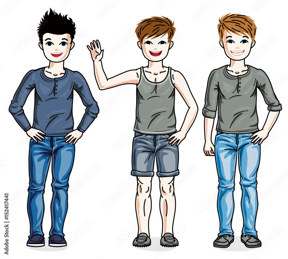 Child young teen boys group standing wearing fashionable casual clothes. Vector diversity kids illustrations set. Childhood and family lifestyle clip art. Child young teen boys group standing wearing fashionable casual clothes. Vector diversity kids illustrations set. Childhood and family lifestyle clip art.