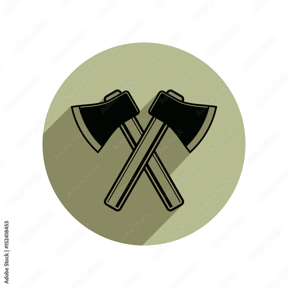 Two sharp axes crossed. Woodcutter tool, simple hatchet symbol isolated on white. Lumberjack instrument vector icon, can be used in advertising and design. Two sharp axes crossed. Woodcutter tool, simple hatchet symbol isolated on white. Lumberjack instrument vector icon, can be used in advertising and design.