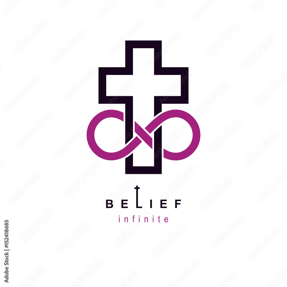 Fototapeta premium Immortal God conceptual logo design combined with infinity loop sign and Christian Cross, vector creative symbol.