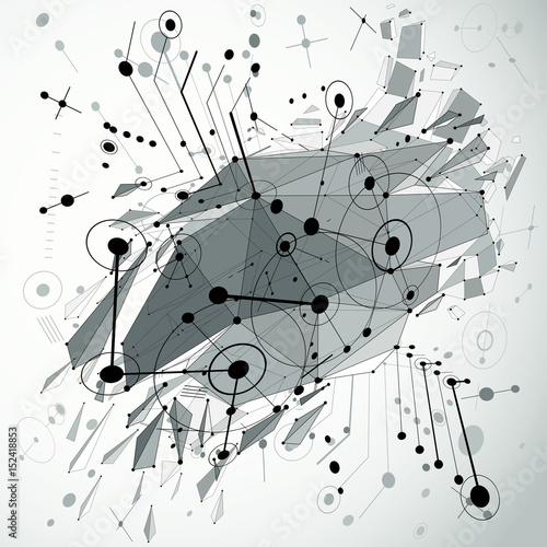 Geometric Bauhaus 3d vector monochrome background with low poly abstract demolished object created from circles and connected lines. Best for use as advertising poster or banner design.