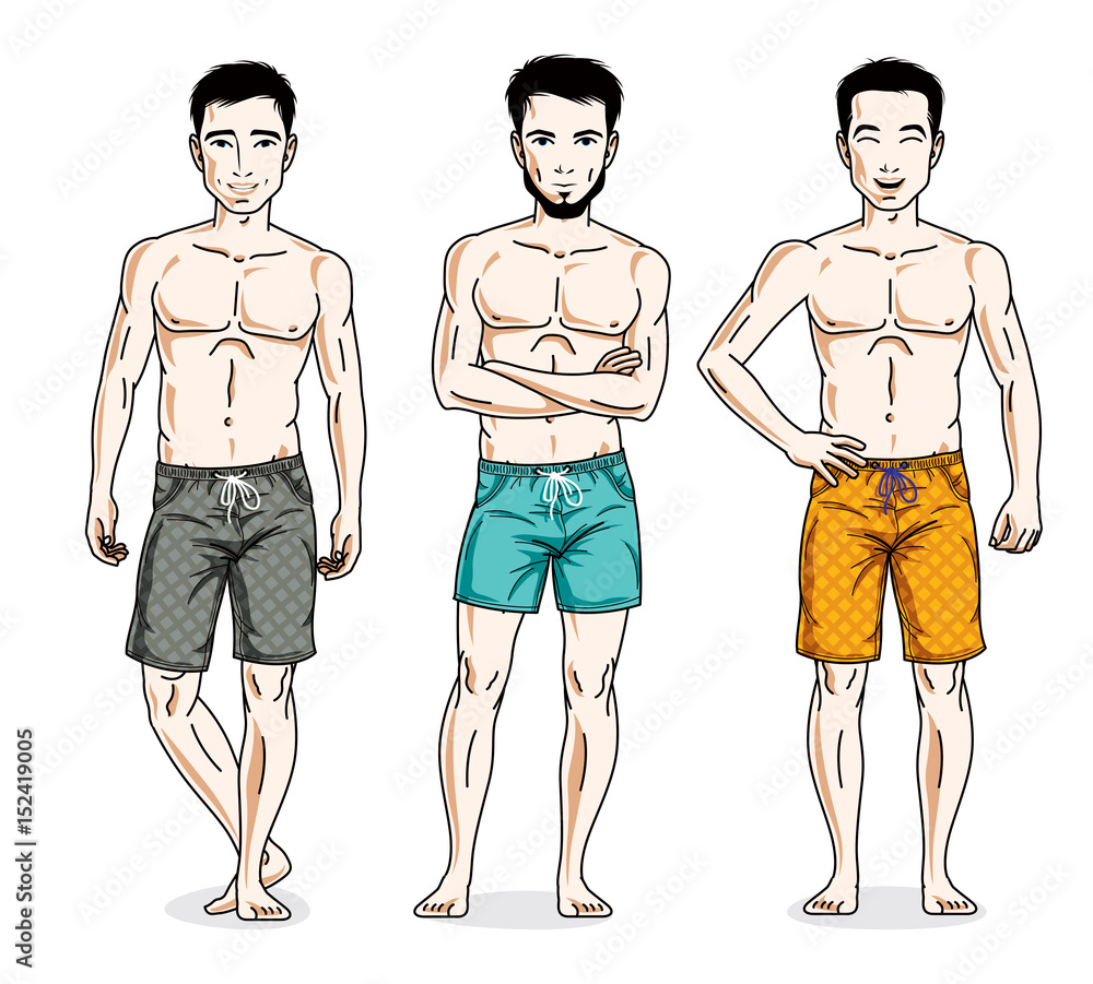 Happy men posing with perfect body, wearing beach shorts. Vector diverse people illustrations set. Happy men posing with perfect body, wearing beach shorts. Vector diverse people illustrations set.