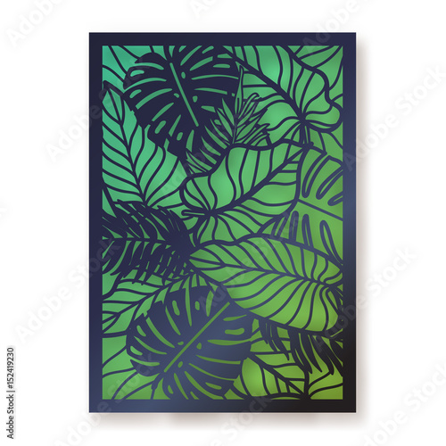 Summer jungle foliage greeting card. Palm leaves laser cut illustration.