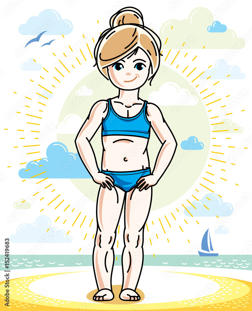 Little blonde girl cute child toddler standing on beach in colorful swimsuit. Vector pretty nice human illustration. Summertime and vacation theme.