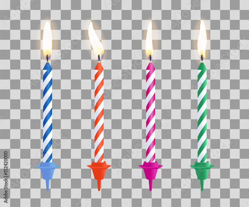 Realistic burning birthday cake candles set isolated on transparent checkered background. Vector illustration.