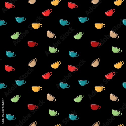 Seamless pattern with colorful tea or coffee cups on black background.