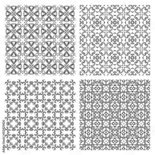 Set of black and white seamless patterns. Monochrome vector illustration.