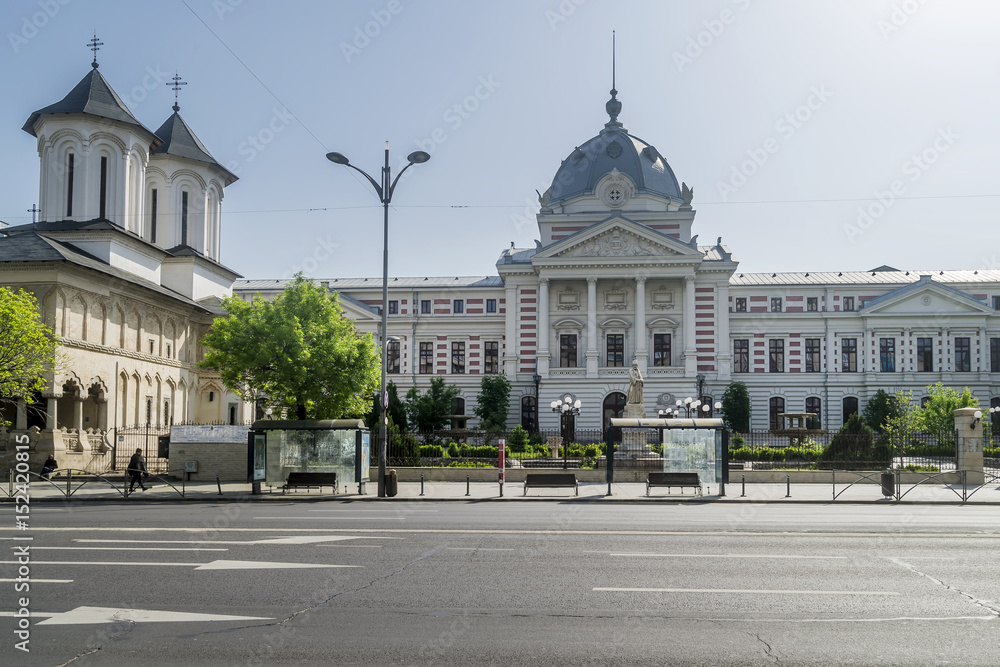 Fototapeta premium The facade of the Coltea hospital in the historic center of Bucharest, Romania, on a sunny day