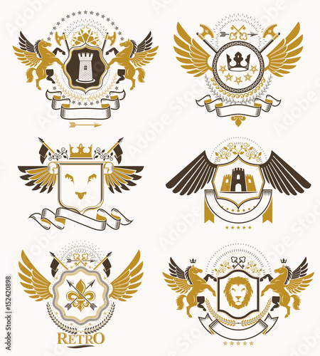 Heraldic Coat of Arms created with vintage vector elements, bird wings, animals, towers, crowns and stars. Classy symbolic emblems collection, vector set. © Sylverarts