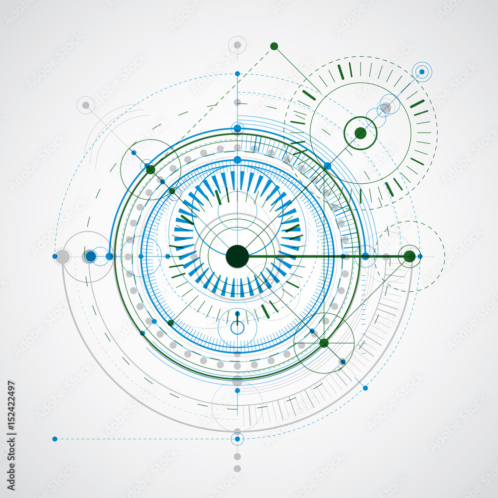 Technical plan, abstract engineering draft for use in graphic and web design. Colorful vector drawing of industrial system created with mechanical parts and circles. Technical plan, abstract engineering draft for use in graphic and web design. Colorful vector drawing of industrial system created with mechanical parts and circles.