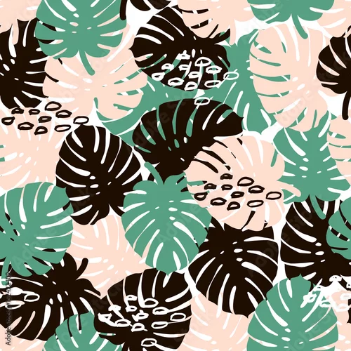 Tapety Gałąź palmowa modny wzór z ręcznie rysowane elementy. Tło liść Monstera. Idealne do tkanin, ilustracji wektorowych włókienniczych