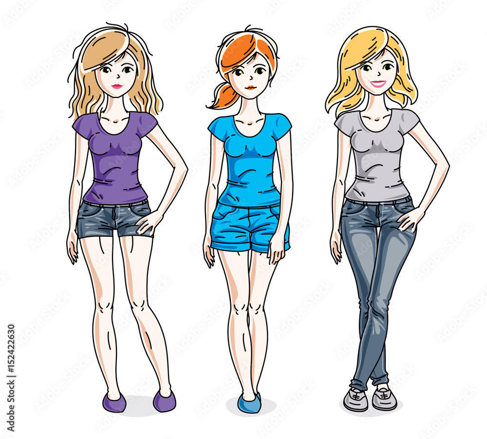 Young beautiful women group standing in stylish casual clothes. Vector characters set. Young beautiful women group standing in stylish casual clothes. Vector characters set.