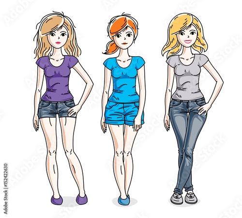 Young beautiful women group standing in stylish casual clothes. Vector characters set.