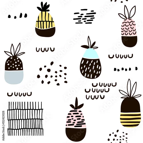 Tapety Wzór z ananasem. Nowoczesna minimalistyczna tekstura z ręcznie rysowanymi kształtami i egzotycznymi owocami. Idealne do tkanin, wyrobów włókienniczych. Tło wektor