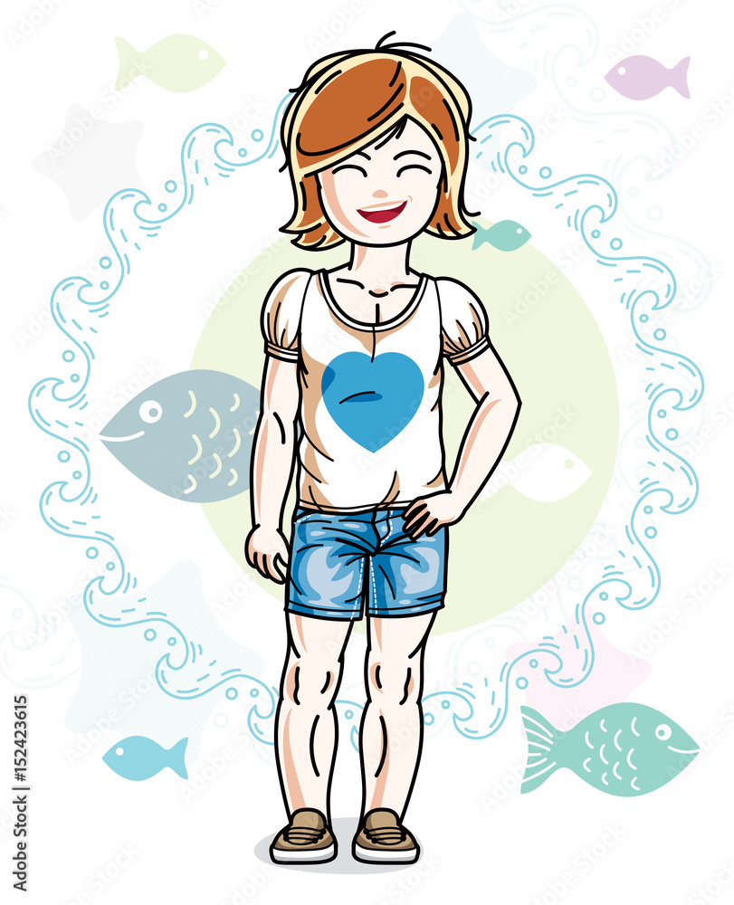 Little redhead girl cute child toddler in casual clothes standing on marine backdrop with ocean and fishes. Vector pretty nice human illustration. Little redhead girl cute child toddler in casual clothes standing on marine backdrop with ocean and fishes. Vector pretty nice human illustration.