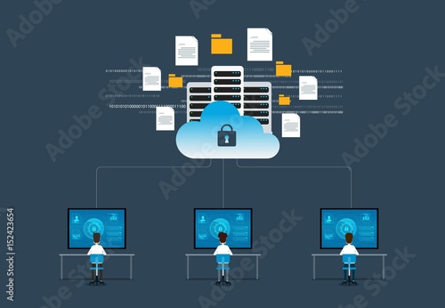 flat vector technology internet cyber security design concept and data security concept with people working 
