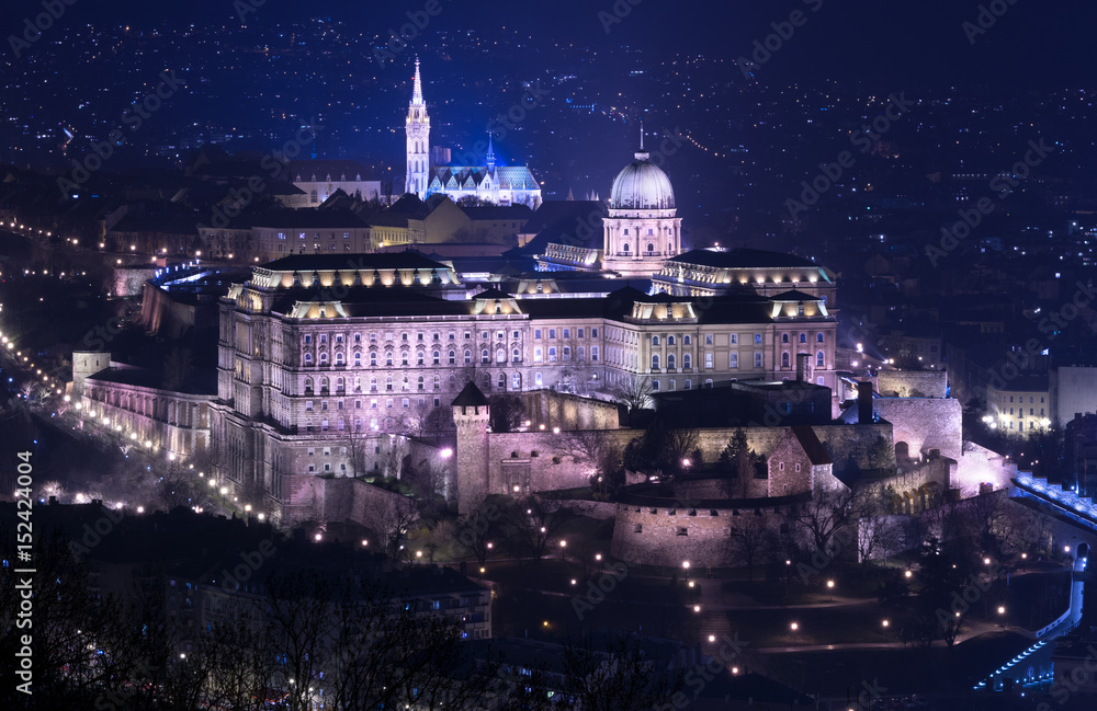 Night view of Buda castle in Budapest, view from Gellert Hill, popular landmarks of the Hungarian Capital