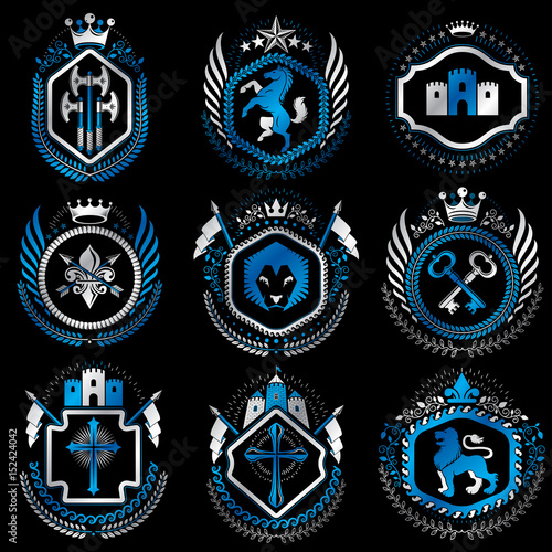 Vector vintage heraldic Coat of Arms designed in award style. Medieval towers, armory, royal crowns, stars and other graphic design elements collection.
