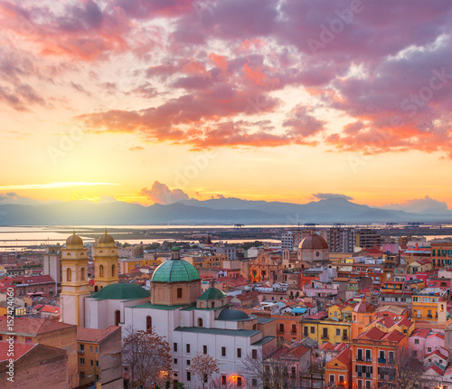 Cagliari skyline during the sunset, evening panorama of Sardinia capital, Italy