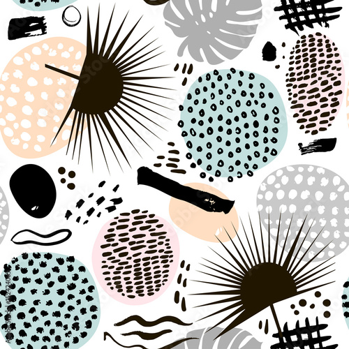 Palm branch trendy seamless pattern with hand drawn elements. Monstera leaf background. Great for fabric, textile Vector Illustration