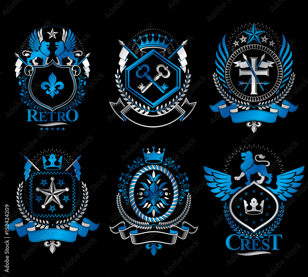 Set of vector vintage emblems created with decorative elements like crowns, stars, crosses, armory and animals.  Collection of heraldic coat of arms.