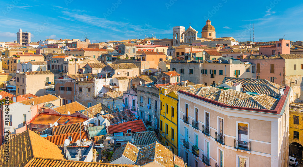 Cagliari - Sardinia, Italy: Cityscape of the old city center in the capital of Sardinia, wide angle panorama, view from the rooftop