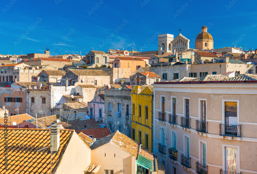 Cagliari - Sardinia, Italy: Cityscape of the old city center in the capital of Sardinia, wide angle view from the rooftop