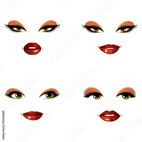Set of vector portraits of sexy women in different emotions. Parts of female faces with beautiful makeup  green eyes and red lips.