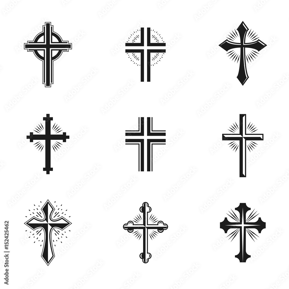 Crosses of Christianity emblems set. Heraldic vector design elements collection. Retro style label, heraldry logo.