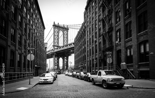 Manhattan Bridge, view from Washington street in Brooklyn, black and white, New York City, USA photo
