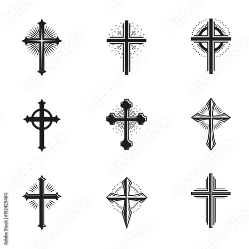 Crosses of Christianity emblems set. Heraldic vector design elements collection. Retro style label, heraldry logo.