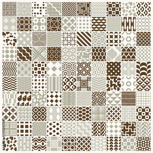 Vector graphic vintage textures created with squares, rhombuses and other geometric shapes. 100 seamless patterns collection best for use in textiles design.