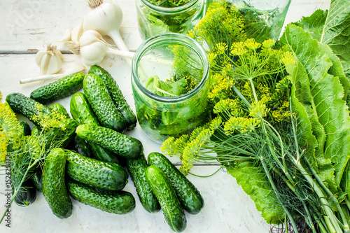 Preparation for pickling cucumbers. Preservation. Selective focus. 