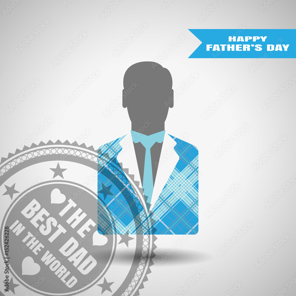 Happy Father's Day vector poster with stamp, man silhouette in jacket with blue line pattern and tie on the gradient gray background with blue stripe. Happy Father's Day vector poster with stamp, man silhouette in jacket with blue line pattern and tie on the gradient gray background with blue stripe.