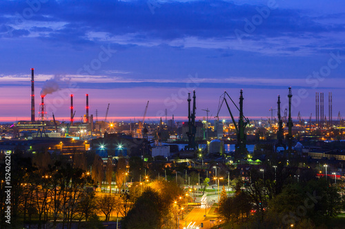Cranes of the shipyard in Gdansk at sunset, Poland