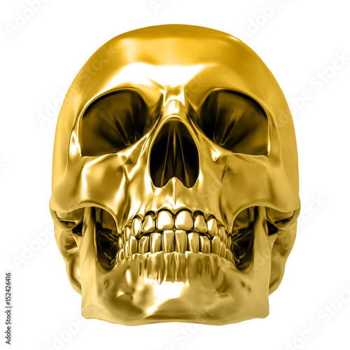 Golden human skull, isolated against the white background