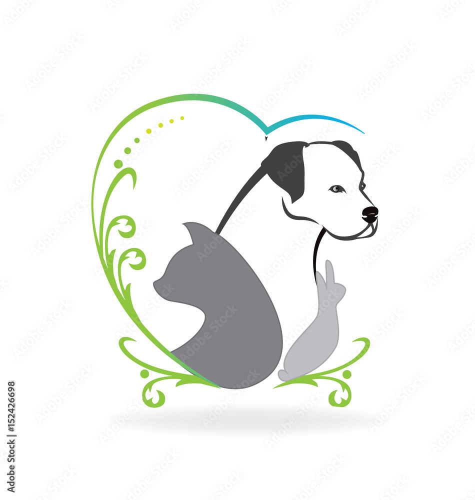 Fototapeta premium Dog cat bird and rabbit love heart swirly frame
