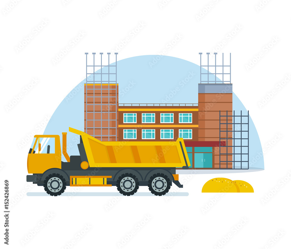 Process of building school premises with help of special truck. Process of building school premises with help of special truck.