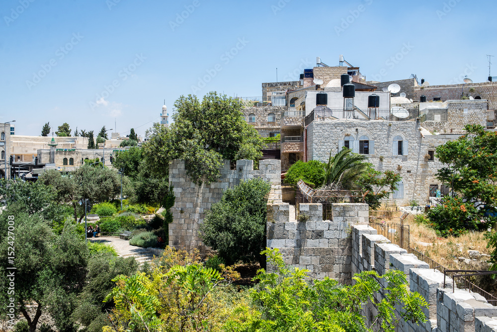 JERUSALEM, ISRAEL - JUNE 2, 2015: View of the old town with an ancient wall