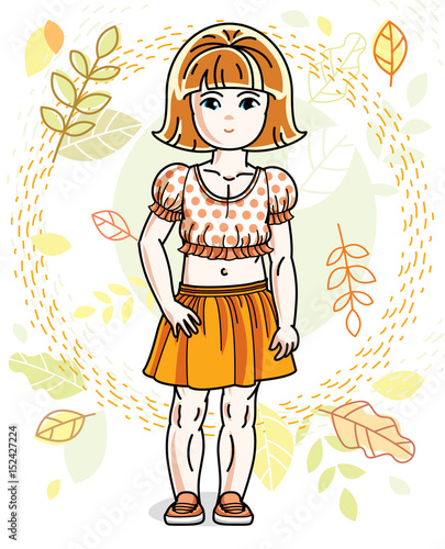 Cute happy little red-haired girl posing on background of autumn landscape and wearing fashionable casual clothes. Vector character.